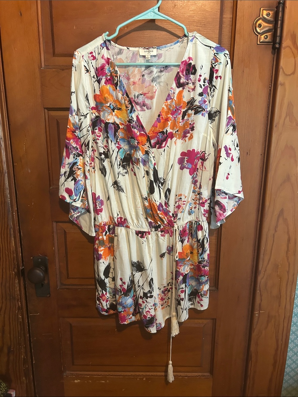 Umgee Cream Floral V-Neck Tie-Waist Boho Romper with Multicolor Blooms